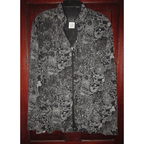 ALEX Evenings Sz 14 Stretch Top Blouse Jacket Zip Sparkles Glitter Floral Black - Picture 1 of 3